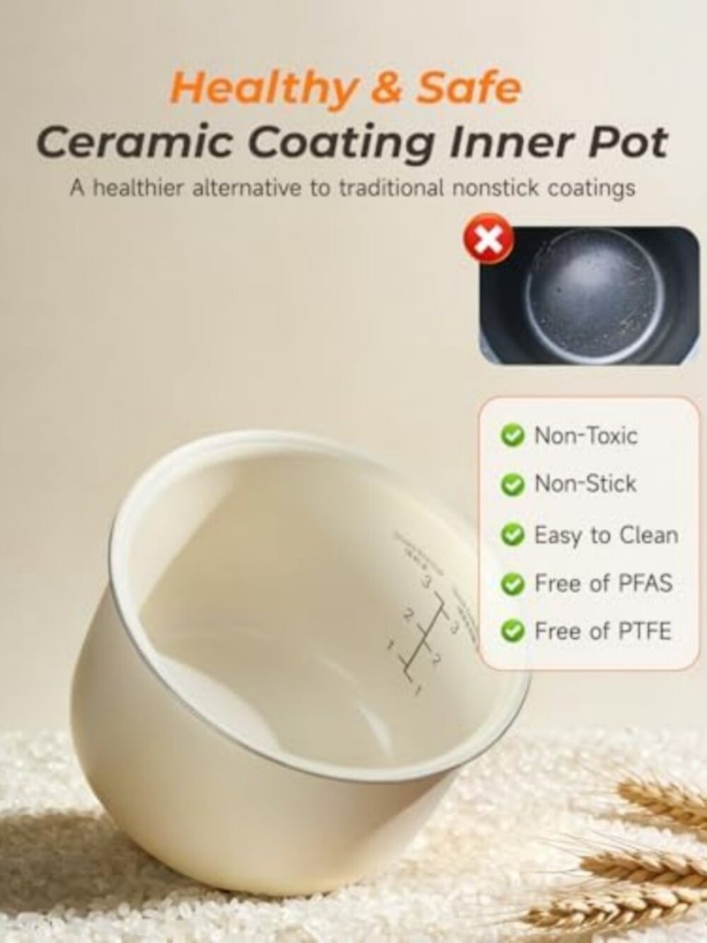Compact 3-Cup Rice Cooker, Mini Rice Maker with Ceramic Coated Pot - Easy - Picture 2 of 6